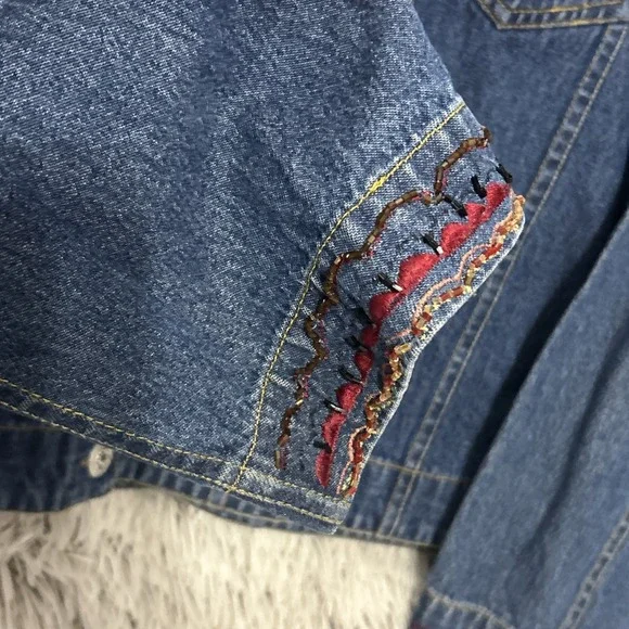 Vintage 90's Artsy Bohohemian Whimsy Celestial Beaded Aztec Denim Jacket Medium - Picture 6 of 11